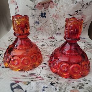 LE Smith Amberina Candle Stick Holders Amberina Moon and Stars Glows Pair 5”